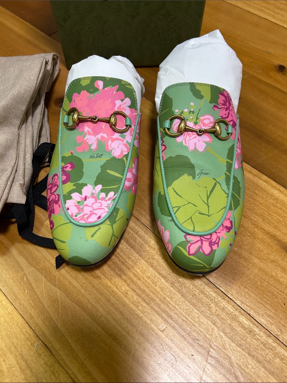 Gucci Green Floral Leather Horsebit Loafers - Picture 2 of 12